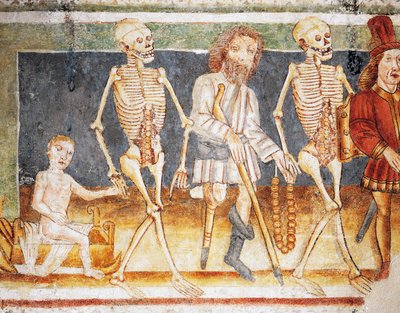 Hrastovlje befästa kyrka, Trefaldighetskyrkan, Döden som åtföljer barn och fattiga, Dödsdansen (1490), detalj från fresker av Janez Iz Kastva (1490), Slovenien av Janez Kastav