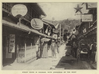 Gatubild i Nagasaki, med Jinrikishas till höger av Japanese Photographer