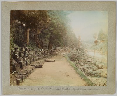 De Hundra Buddhas längs Daiya-floden, Nikko, Japan (handfärgat svartvitt foto) av Japanese Photographer
