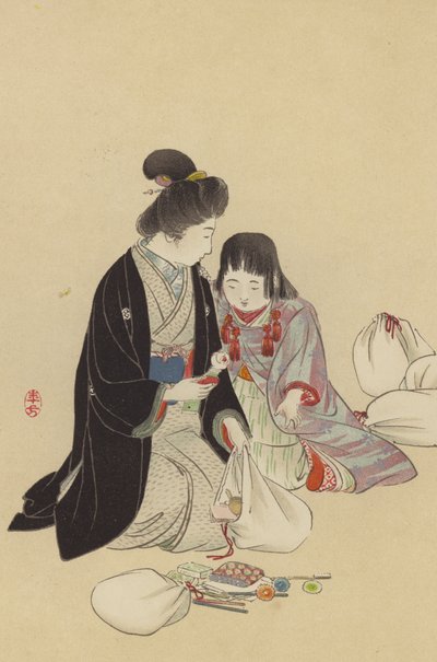 En mamma och hennes flicka ordnar presenter som ska skickas till fronten (chromolitho) av Japanese School