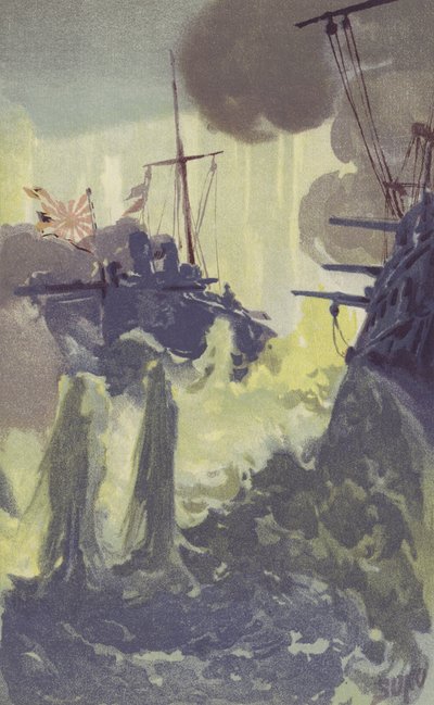 En nattattack av japanska torpedbåtsförstörare på den ryska skvadronen utanför Port Arthur (chromolitho) av Japanese School