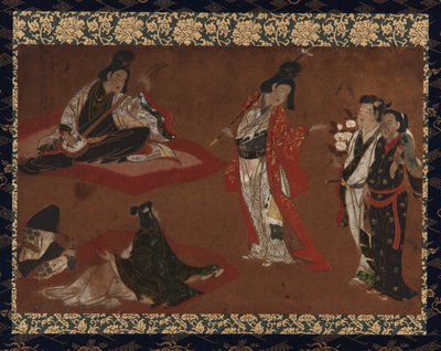 A Picnic Party, Hængende rulle (monteret på panel), tidligt i det 17. århundrede (farve og guld på papir) svensk av Japanese School