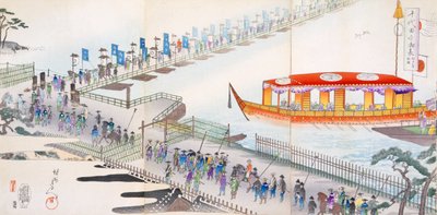 Att delta i en festival: korsa en pontonbro till den heliga platsen (träblock i färg) av Japanese School