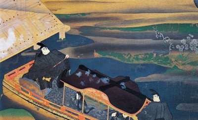 Båt i månskenet, av Fujiwara Nobuzane (1176-1265), illustration från Murasaki Shikibus dagbok, japansk civilisation av Japanese School