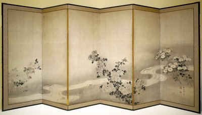 Krysantemums vid en ström (bläck på papper) av Japanese School
