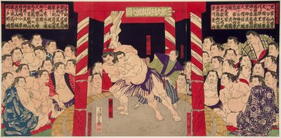 Combat de sumo entre Umegatani Totaro I (1845-1928) och Haibirya. Estampe vers 1860-1870 - Brottningsmatch Umegatani vs Haibirya, Anonym . Färg träsnitt av Japanese School
