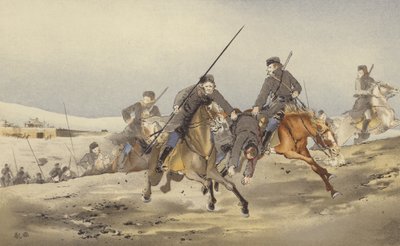 Kosacker springer iväg med en sårad (chromolitho) av Japanese School