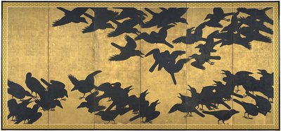 Kråkor, tidigt 1600-tal (par med sex panelskärmar; bläck och guld på papper) av Japanese School