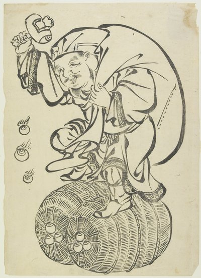 Daikoku God Dancing on Rice Bales, mitten till slutet av 1700-talet (träblocktryck) av Japanese School