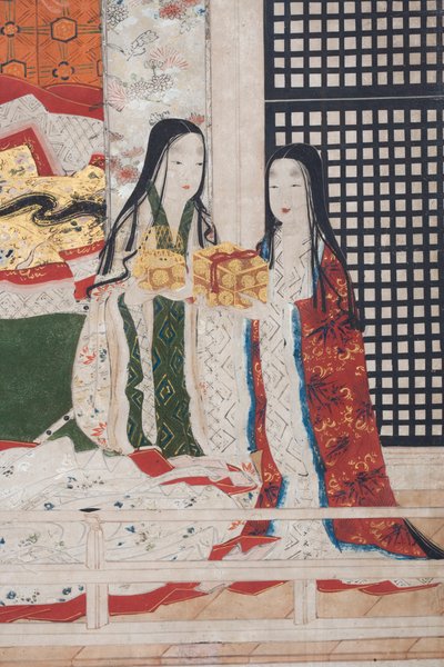 Detalj av våren i palatset, sexfaldig skärm från The Tale of Genji, ca 1650 (bläck, färger och guld på papper) av Japanese School