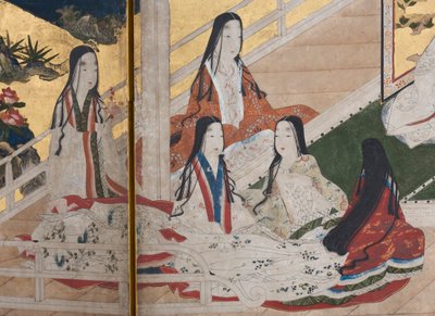 Detalj av våren i palatset, sexfaldig skärm från The Tale of Genji, ca 1650 (bläck, färger och guld på papper) av Japanese School
