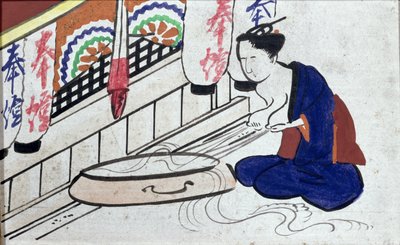 Ema (votivplakett) föreställande en kvinna som trycker ut mjölk av Japanese School
