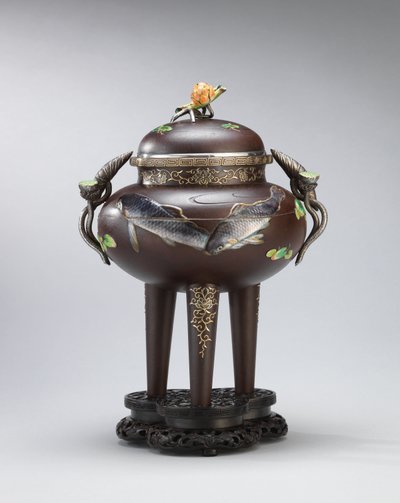 Emalj och mjukmetallinlagd rökelsebrännare av järn, förseglad Koichi Shin (Takasaki Koichi), Meiji Period (järn, guld, silver och emaljer) av Japanese School