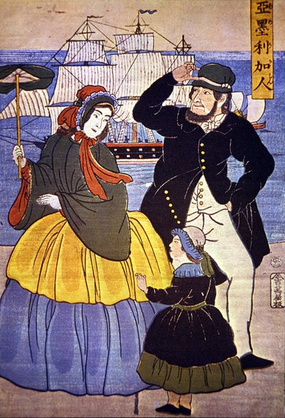 Europeisk familj vid Yokohamas hamnfront målad av en japansk konstnär 1861 av Japanese School