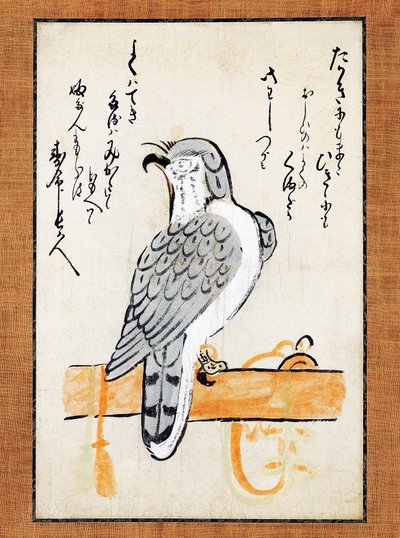 Falken tjudrad till sittpinne, illustration på vertikal rulle, sent 1800-tal, tusch och färg på papper, 43x2,5 cm, Japansk civilisation, Meijiperioden av Japanese School