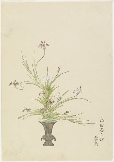 Blomsterarrangemang av Takada Anritsub? Untai, Iris (handfärgat träblockstryck) av Japanese School
