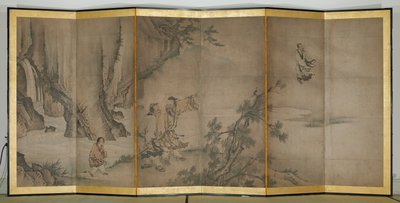 Flying Liezi, tidigt 1500-tal (skärm med sex paneler; bläck och färg på papper) av Japanese School