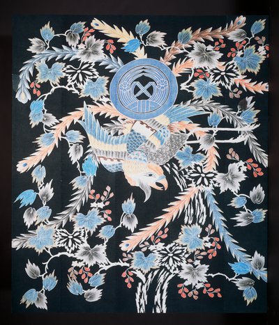 Futonji överkast med motiv av phoenix, paulownia och påskliljor, bomull, färgämne med indigo, pigment och bläck av Japanese School