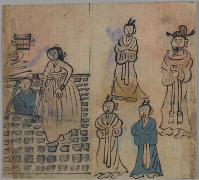 Genrescen, 1 av 4 (bläck & färg på papper) av Japanese School