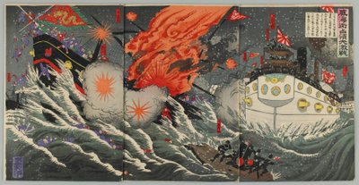 Great Sea Battle at Weihaiwei, Meiji-eran, 1895 (träblock i färg) av Japanese School