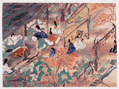Heian statsman och poet Sugawara Michizane (845-903), känd som Tenjin-San (himmelsk ande), i exil i Kitano Tenman-Gu-helgedomen i Kyoto och delar kläder donerade av en gång kejsare, Fujiwara Nobuzane (1176-1268), Kamakura period (1185-1333), Japan av Japanese School