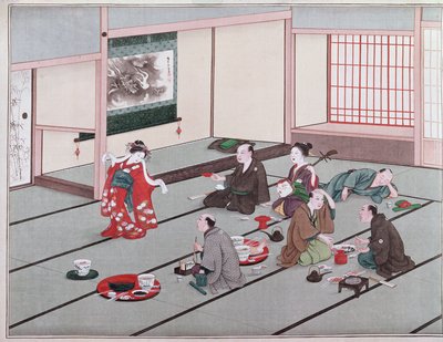 Japaner som äter, dricker och underhåller sig i tehuset (wc) av Japanese School