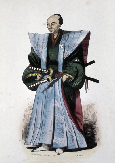 Japansk adelsman med vapen och ceremoniell klädsel,1860 (gravyr) av Japanese School