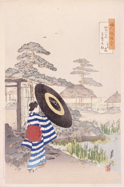 Dam med ett parasoll (trätryck i färg) av Japanese School