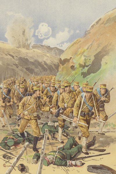 Löjtnant Takagi ber sin brigadchef om tillåtelse att avancera (chromolitho) av Japanese School