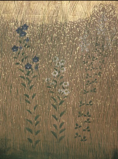 Moon In Musashi Plain (färg och guld på papper) av Japanese School