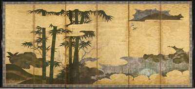 Moonlit Bamboo Grove, tidigt 1500-tal (par med sex panelskärmar; bläck, färg och guld på papper) av Japanese School