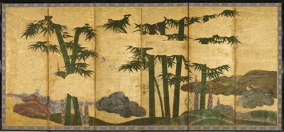 Moonlit Bamboo Grove, tidigt 1500-tal (par med sex panelskärmar; bläck, färg och guld på papper) av Japanese School