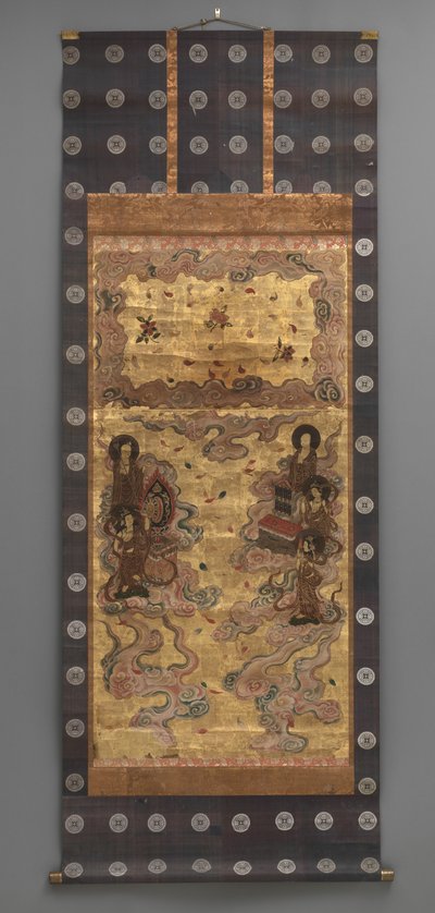 Väggmålning: Nedstigning av tjugofem bodhisattva (deltagare till Amitabha-triaden), 1700-talet (Triptyk hängande rullar: bläck, färg och guld blad på papper, mässing) av Japanese School