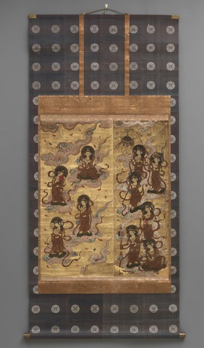 Väggmålning: Nedstigning av tjugofem bodhisattva (deltagare i Amitabha-triaden), 1700-talet (Triptyk hängande rullar: bläck, färg och guld blad på papper, mässing) av Japanese School