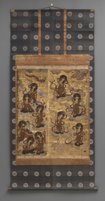 Väggmålning: Nedstigning av tjugofem bodhisattva (deltagare i Amitabha-triaden), 1700-talet (Triptyk hängande rullar: bläck, färg och guld blad på papper, mässing) av Japanese School