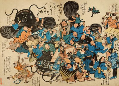 Namazu attackeras av bönder (träblock i färg) av Japanese School