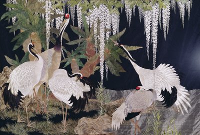 Handarbete hängande med kranar, cykader och blåregn (textil) av Japanese School