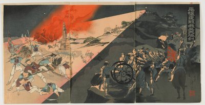 Night Battle at Pingyang, Meiji-eran, 1894 (träblock i färg) av Japanese School