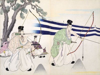 Adelsmän övar bågskytte (detalj se 255314), 1800-talet, från ett album av träsnitt, färgträblocktryck av Japanese School