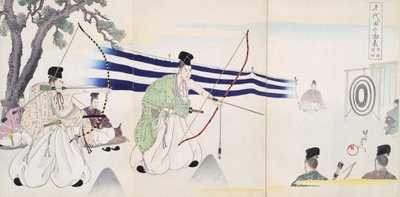 Adelsmän som övar bågskytte, från ett album med träsnitt (träblock i färg) av Japanese School