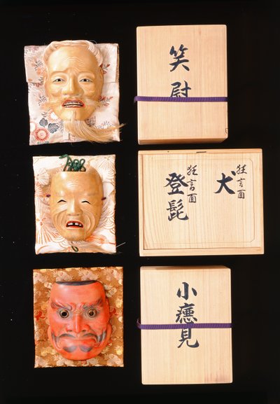 Noh Masks (lackerat trä) av Japanese School