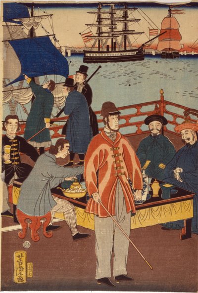 Ett tryck av triptyk som visar europeiska köpmän som tar förfriskningar med japaner. I bakgrunden finns fartyg i Yokohama hamn, Japan av Japanese School