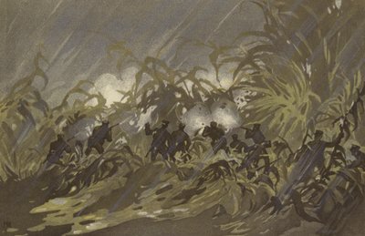 Våra infanterisoldater skärmytslingar i ett fält av hirs nära Liao-yang (chromolitho) av Japanese School