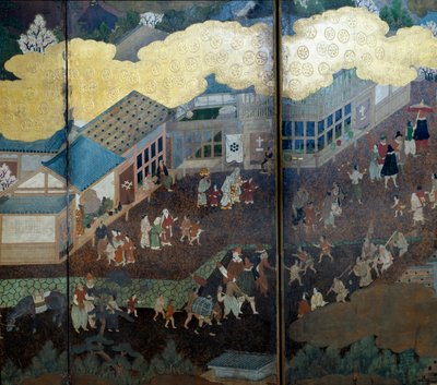 "Portugisisk" skärm: en representation av portugisiska jesuitmissionärers ankomst till Japan på 1500-talet. Detalj. Realiserat av Kanoskolan (?). 1593-1600. Lissabons museum för antik konst av Japanese School