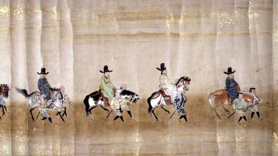 Sjätte koreanska ambassaden i Japan i Meireki 1 vid tiden för Tokugawa Ietsunas efterföljd 1651, möjligen av Kano Masunobu (1625-94) (rullmålning) (detalj) av Japanese School