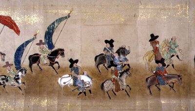Sjätte koreanska ambassaden till Japan i Meireki 1 vid tiden för Tokugawa Ietsunas tronföljd 1651, möjligen av Kano Masunobu (1625-94) (rullmålning) (detalj) av Japanese School