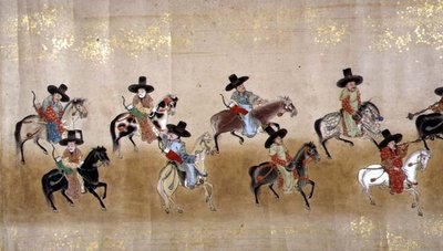 Sjätte koreanska ambassaden till Japan i Meireki 1 vid tiden för Tokugawa Ietsunas tronföljd 1651, möjligen av Kano Masunobu (1625-94) (rullmålning) av Japanese School