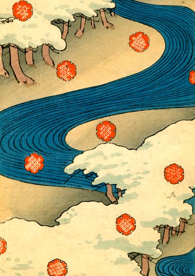 Snöflingor som faller i ett flodlandskap av Japanese School