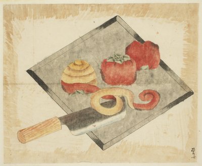 Stilleben med persimmons och kniv av Japanese School