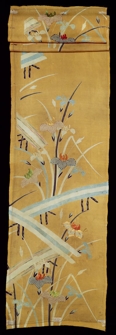 Textilprov med iris och broar (broderat siden med stencilerade detaljer) av Japanese School